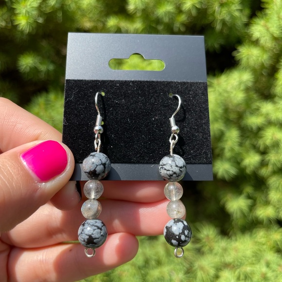 Snowflake Obsidian + Labradorite Earrings | Hand Crafted - Picture 4 of 4